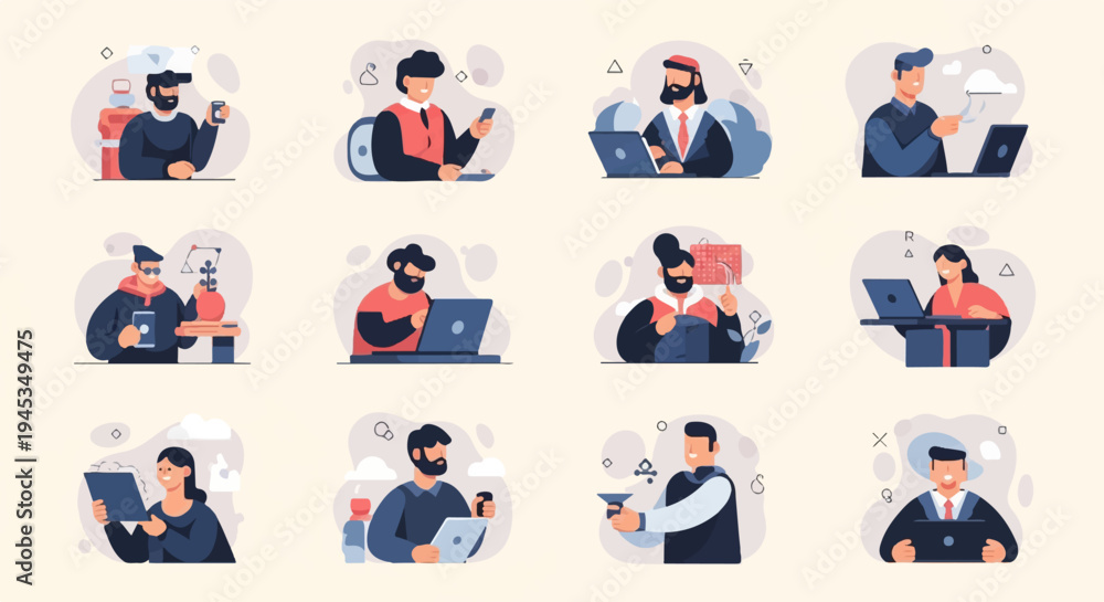 Fototapeta premium Diverse individuals engaged in various activities on digital devices