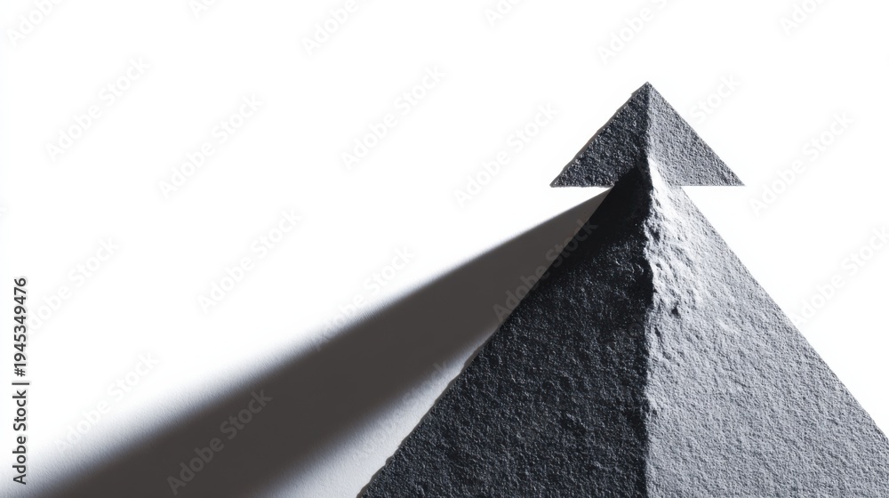 Fototapeta premium Abstract image of a grey pyramid with a arrow symbol on the top, representing growth and direction. The arrow is casting a shadow. 