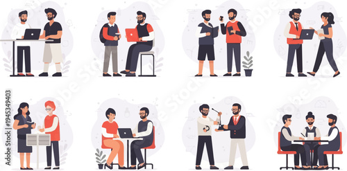 Diverse individuals collaborating and interacting in various professional settings