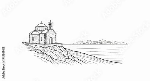 Stone church perched on a rocky cliff overlooking the sea and distant islands