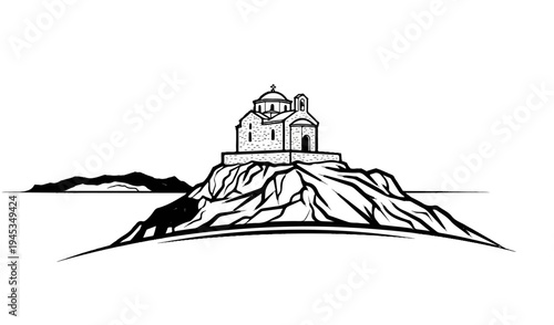 Stone church with dome and bell tower perched on a rocky island