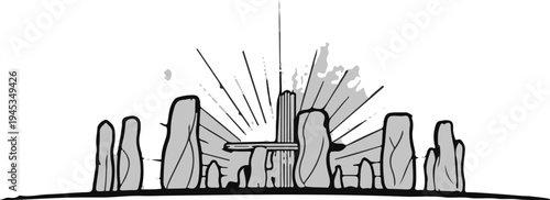 Stone circle at sunrise with radiating lines and distant rock formation