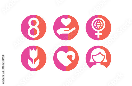 A set of colorful icons representing women's rights and empowerment on a white background