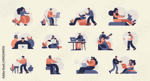 Diverse individuals engaged in various activities like working, playing music, and interacting