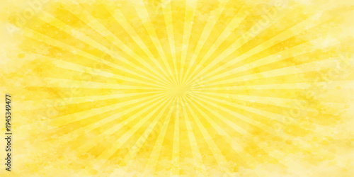 Bright abstract yellow background vector illustration featuring a sunny summer sunburst with orange rays and glowing light beams for a warm sunrise design