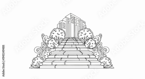 Stone stairs ascend towards a symmetrical modern building, flanked by ornate bushes