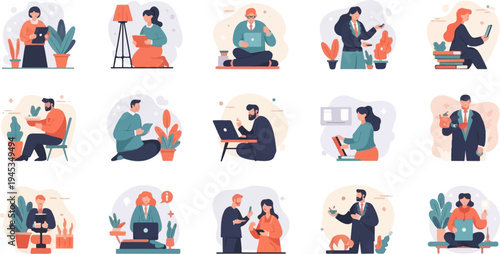 Diverse individuals engaged in various activities, some with devices and plants