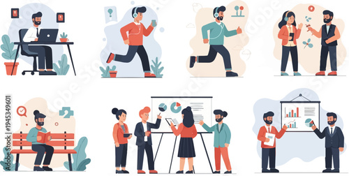 Diverse people engaged in work, exercise, leisure, and presentations