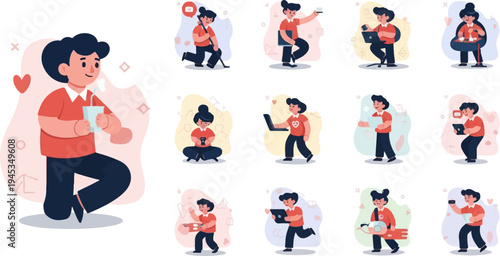 Collection of diverse cartoon people engaged in various digital activities and personal moments