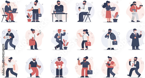 Diverse pixel art figures represent business professionals in various work scenarios