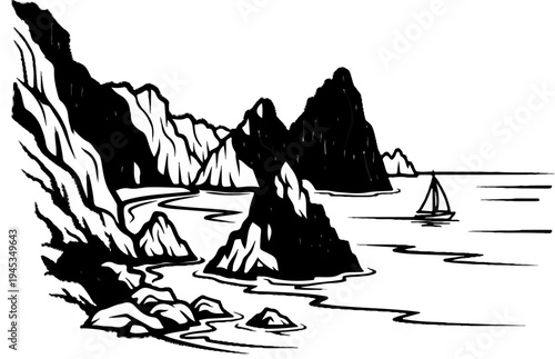 Rugged coastline with jagged rocks and a solitary sailboat on calm waters