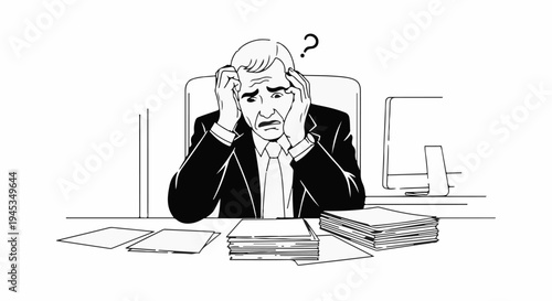 Stressed businessman with hands on head, question mark above, amidst office work