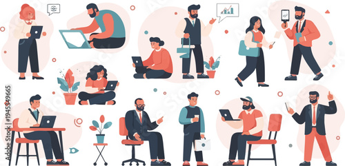 Diverse professionals engage in work, communication, and learning using modern devices