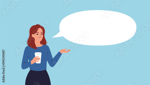Illustration of a woman in a blue shirt holding a coffee cup and gesturing next to a large blank white speech bubble for messaging.