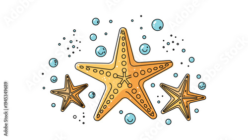 Beautiful orange starfish in the center flanked by two smaller ones surrounded by blue bubbles and sand particles for marine themes.