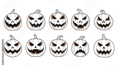 Row of ten different scary jack-o-lantern pumpkin faces with various carved expressions for a spooky Halloween celebration and party.
