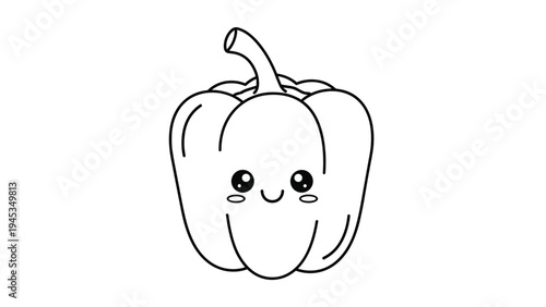 Happy cartoon bell pepper line art illustration features a cheerful smiling face and big eyes suitable for children to color.