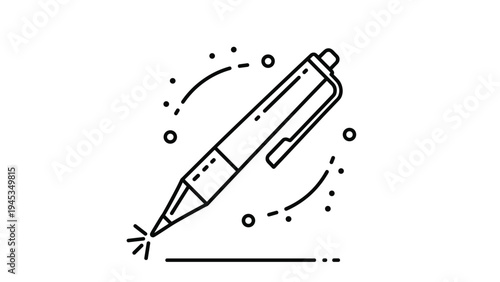 Simple line art drawing of a black ballpoint pen includes decorative dots and curved motion lines for a creative design look.