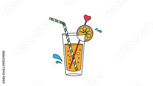 Vibrant illustration of a glass of orange juice with a green striped straw and an orange slice garnished with a red heart.