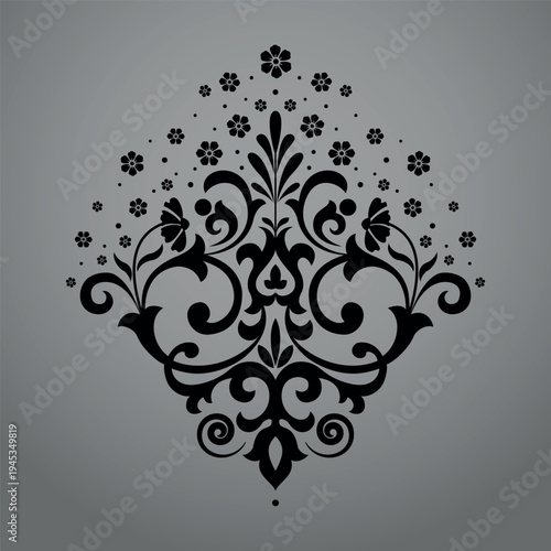 Damask graphic ornament. Floral design element. Black and gray vector pattern