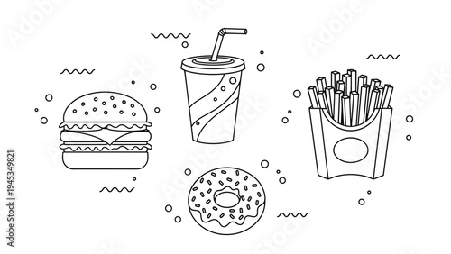 Collection of simple fast food line art icons includes a classic hamburger, a soda cup with a straw, fries, and a sweet donut.