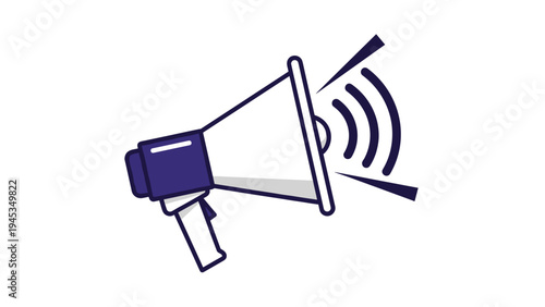 Bold blue and white megaphone icon with stylized sound waves represents clear communication and public announcements in art.