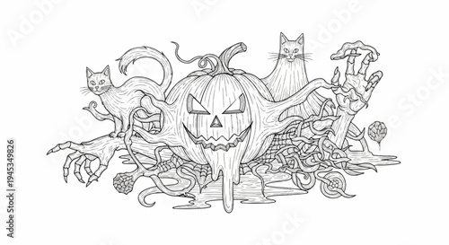 Spooky Halloween scene with a carved pumpkin, two cats, and creepy branches