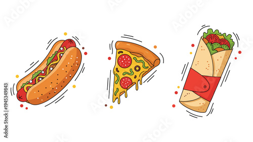 Set of stylized fast food illustrations includes a loaded hot dog, a slice of pepperoni pizza, and a fresh vegetable wrap.