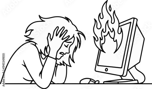 Stressed person with hands on head next to a burning computer monitor