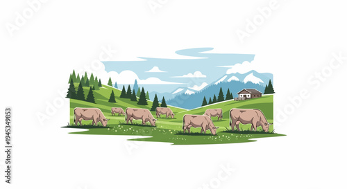 Gentle cows graze in a scenic green valley with distant mountains