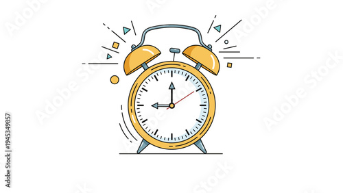 Classic yellow twin bell alarm clock is presented in a hand drawn style with decorative geometric shapes and motion lines.