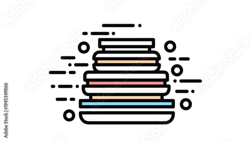 Abstract line art representation shows a stack of various macarons or cookies with colorful fillings in a minimalist style.