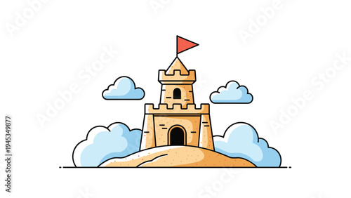 Simple graphic illustration shows a tall sandcastle on a beach with a red flag on top under a blue sky with white clouds.