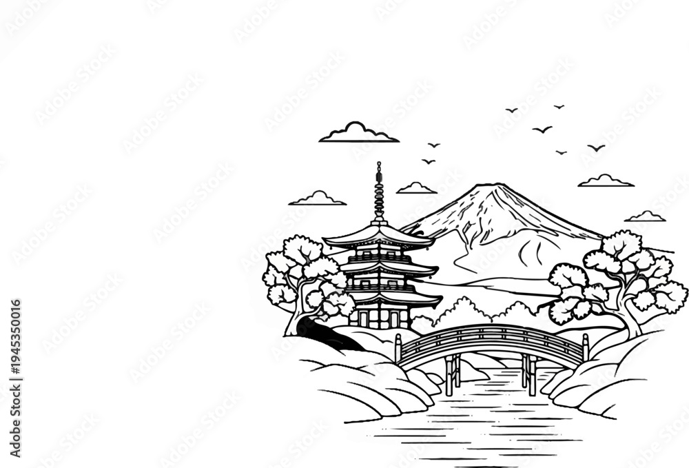 Obraz premium Japanese pagoda and snow-capped mountain with a bridge over a river