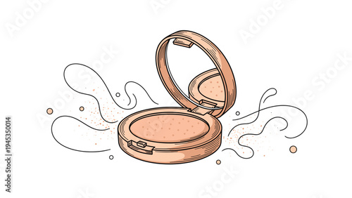 Vintage style line drawing depicts an open makeup compact powder with a mirror and fine powder particles floating in air.