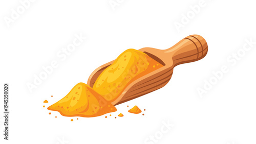 Traditional wooden scoop is filled with bright yellow turmeric powder with more spice scattered around it on a white base.