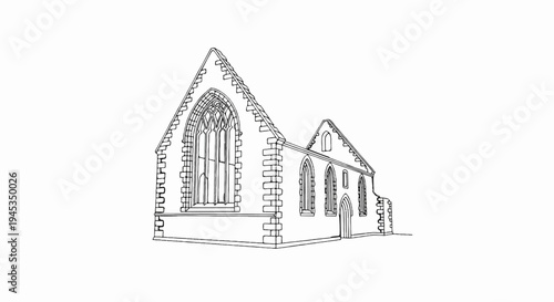 Line art sketch of an old stone building with arched windows and a pointed roof