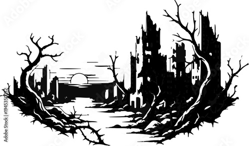 Spooky silhouette of bare trees framing a ruined, gothic cityscape under a dim sun