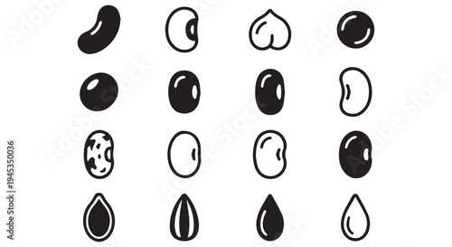 Variety of bean and seed icons in a grid pattern, black and white illustrations