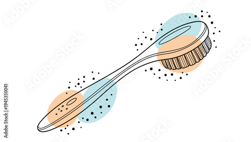 Modern line art illustration depicts a round hair brush with soft blue and orange decorative circles in the background area.