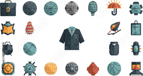 Collection of business, technology, and sport icons with a pixelated style