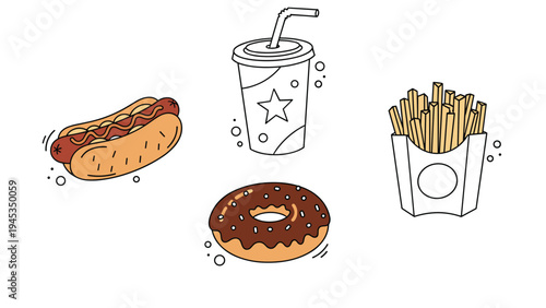 Stylized collection of fast food line art features a hot dog, a star soda cup, a chocolate donut, and french fries in a set.