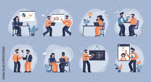 Modern office scenes with diverse teams collaborating and presenting data
