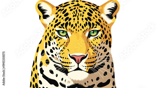 Detailed leopard head illustration features intricate spots and green eyes looking forward with a powerful and calm gaze.