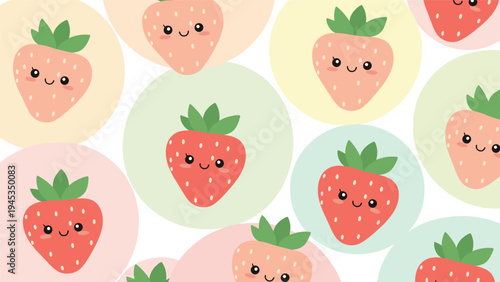 Seamless pattern featuring cute cartoon strawberries with smiling faces placed inside pastel colored circles on a white background.