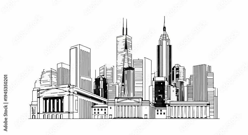 Obraz premium Striking black and white line art of a modern cityscape with iconic skyscrapers