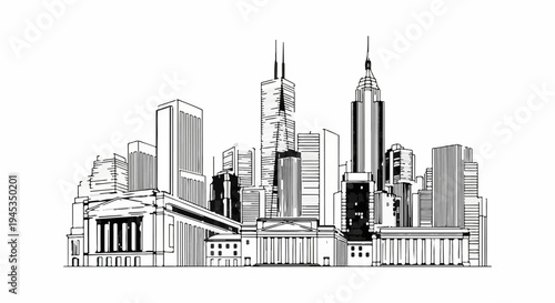 Striking black and white line art of a modern cityscape with iconic skyscrapers