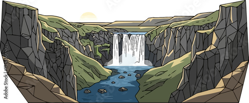 Rugged canyon with a wide waterfall cascading into a blue river