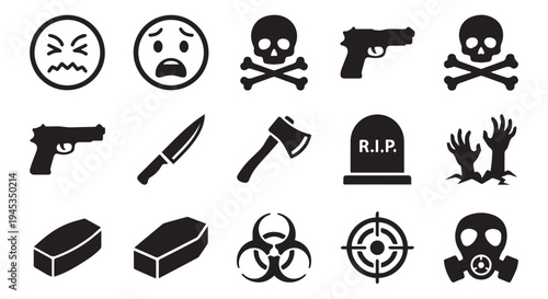 Collection of black icons depicting horror and violence symbols, including weapons and death imagery.