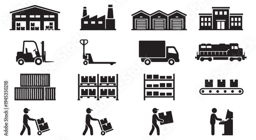 Black industrial icons on Transparent Background for business and industry concepts